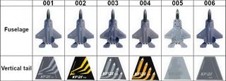 KF-21 시제기 1호기부터 6호기까지의 동체와 수직꼬리날개 도색을 나란히 비교한 도판.